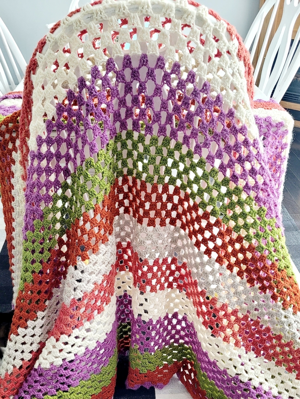 Hand Crafted Crochet Throw in Cream, Purple, Green, Rust & Pink